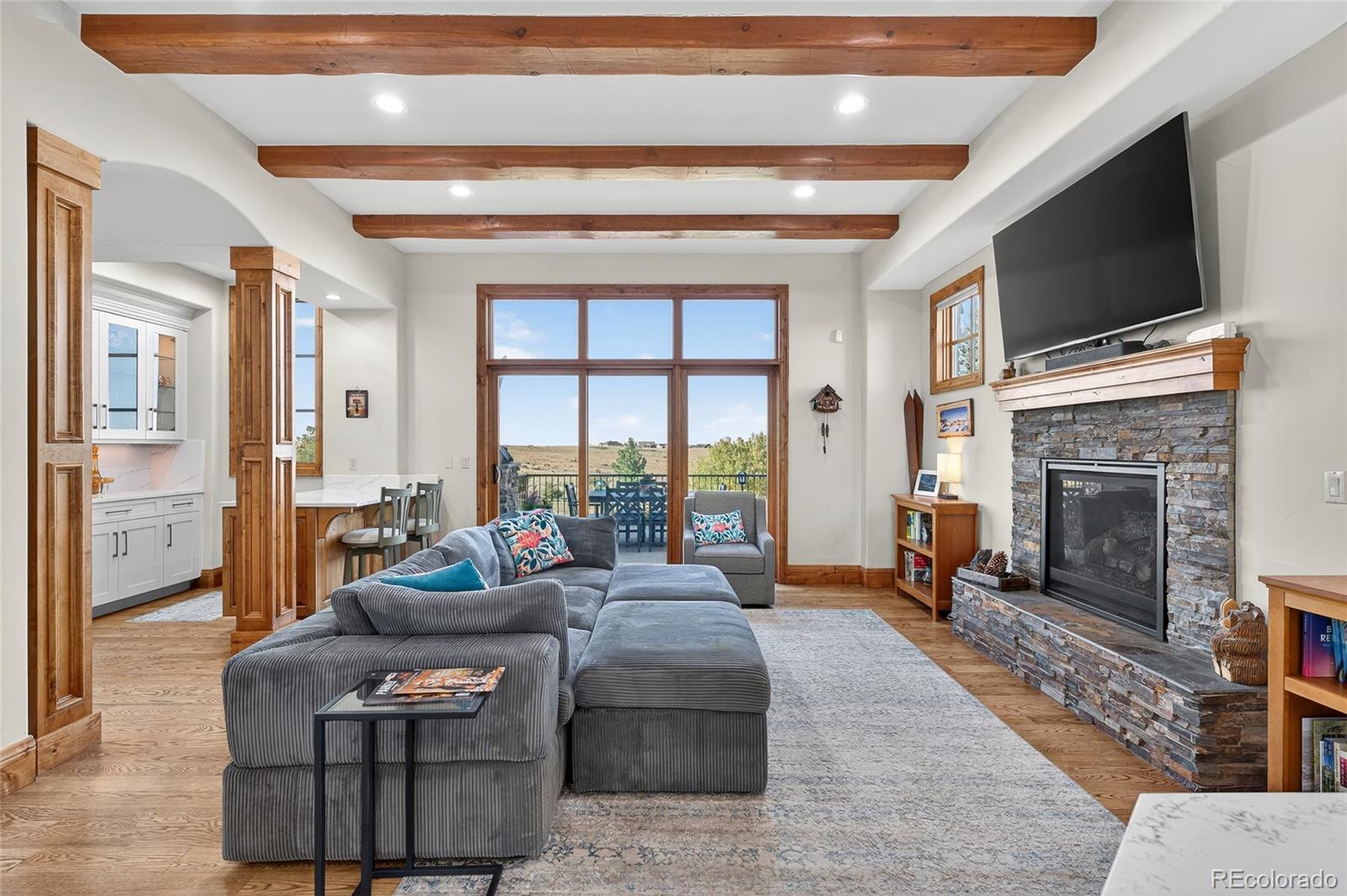 5001 Raintree Circle Parker, CO 80134 - Photo 23 of 50 a living room with furniture a flat screen tv and a fireplace