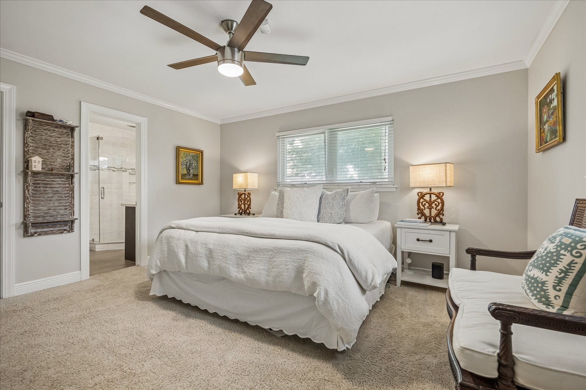1018 Ben Hur Drive Spring Valley Village, TX 77055 - Photo 16 of 30 Primary bedroom with walk-in closet, ensuite bath and ceiling fan.