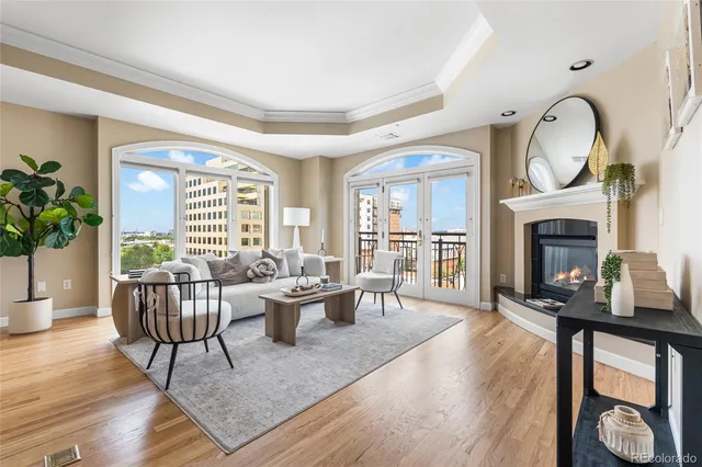 a living room with furniture a fireplace a potted plant and a large window