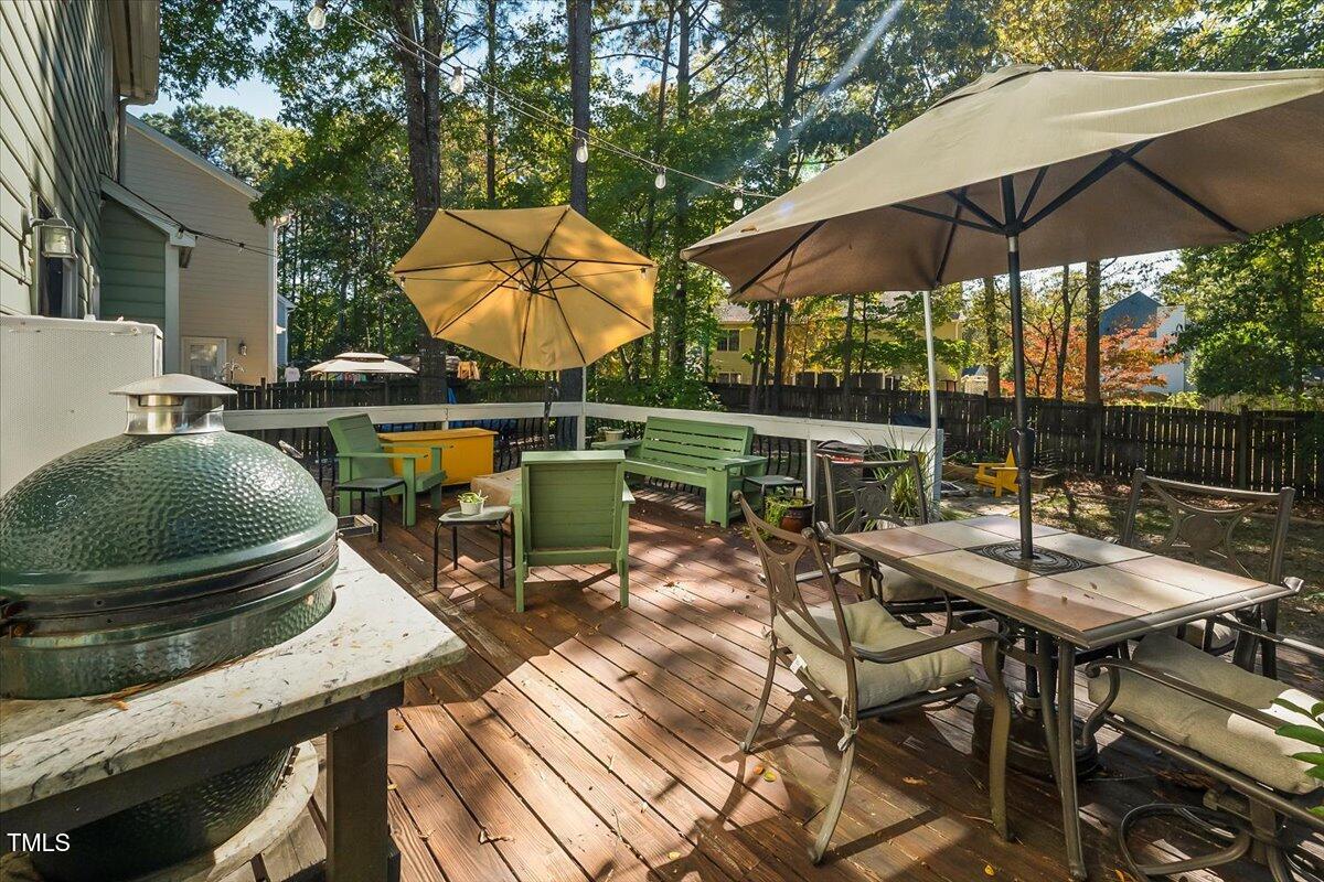 9813 Rockledge Drive Raleigh, NC 27617 - Photo 30 of 52 a view of a patio with furniture and table under an umbrella