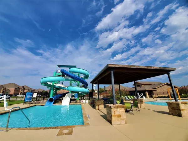 an outdoor space with seating