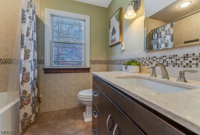 a bathroom with a granite countertop sink a toilet and a shower