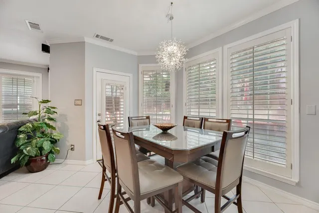 a view of a dining room with furniture and window