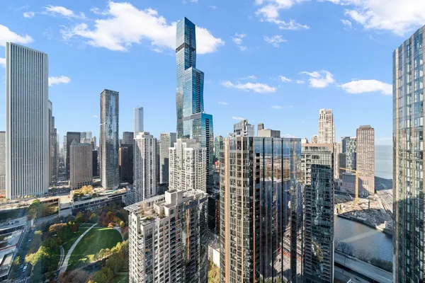 a view of a city with tall buildings