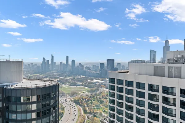 a view of a city with a building