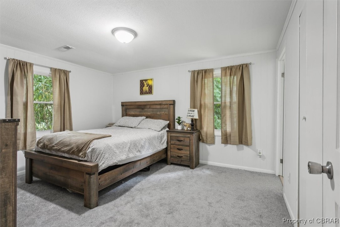 320 Leigh Road Yorktown, VA 23690 - Photo 17 of 31 Bedroom featuring light carpet, multiple windows, and crown molding