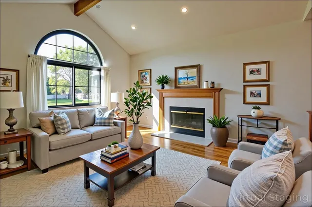 a living room with furniture a fireplace and a large window