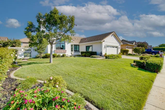 a front view of house with yard and green space