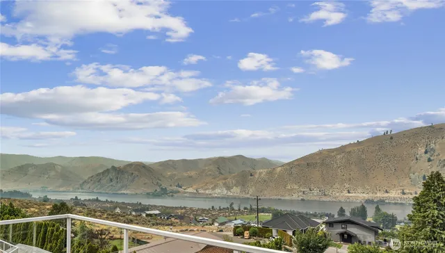 a view of a lake with mountains in the background
