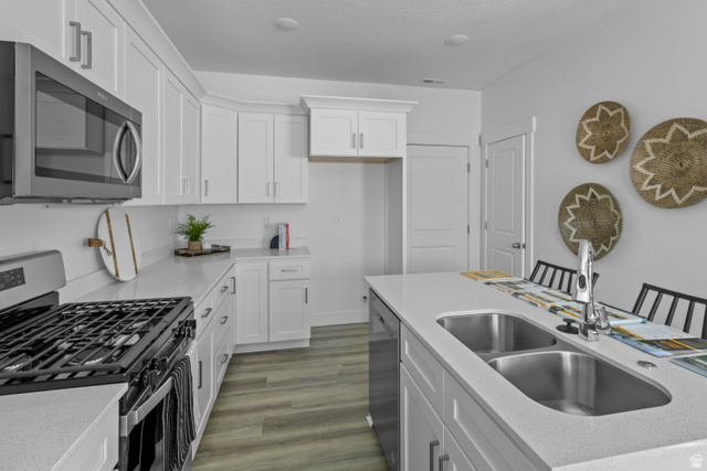 1264 West 500 South, Unit 320 Logan, UT 84321 - Photo 10 of 39 Modern kitchen featuring white cabinetry, light-toned countertops, wood-finish flooring, stainless steel appliances, and an island with a double basin sink