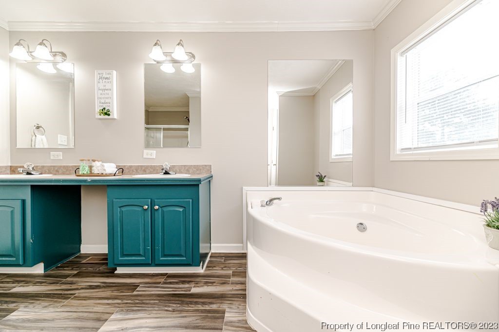 125 Wright Road Vass, NC 28394 - Photo 31 of 48 a bathroom with a tub a sink and a mirror