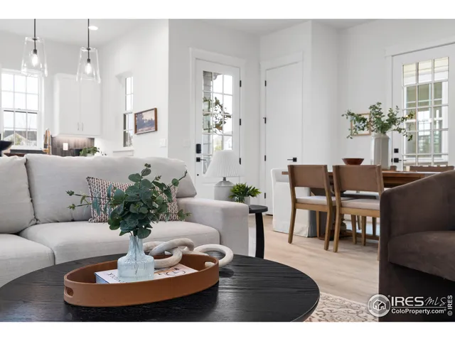 a living room with furniture potted plant and window
