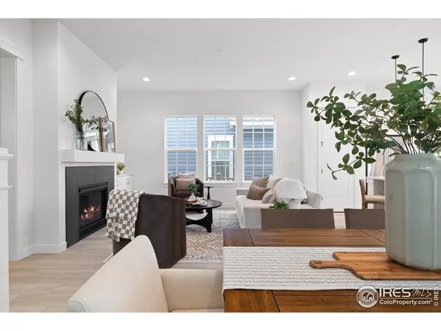 a living room with furniture potted plant and a fireplace