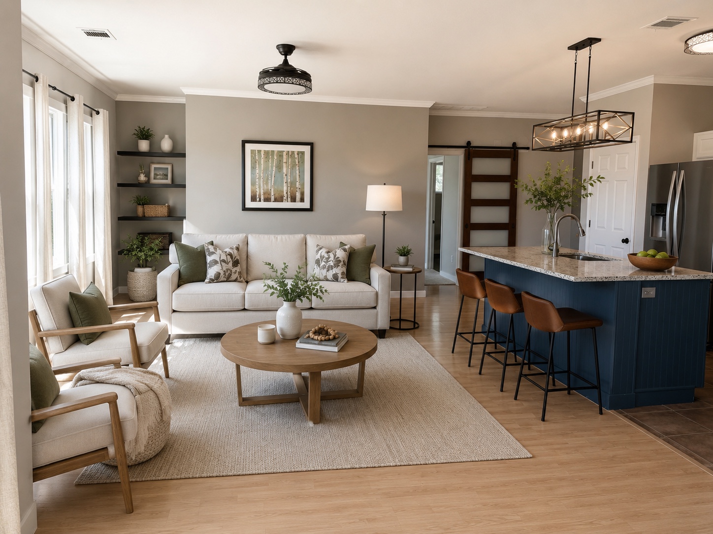 7501 Shadowridge Run, Unit 135 Austin, TX 78749 - Photo 5 of 23 Open-concept living area featuring wood-finish flooring, a kitchen island with a granite-style countertop, and a decorative linear chandelier