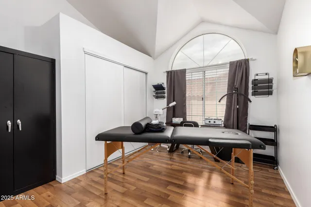 a table and chair in a room