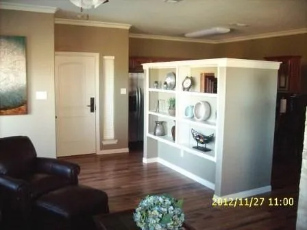 a living room with furniture and a book shelf