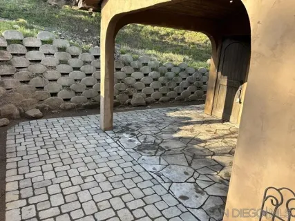 a garden view with a seating space