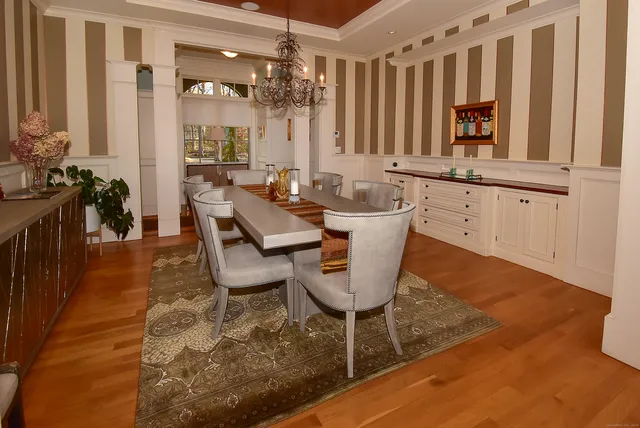a view of a dining room with furniture