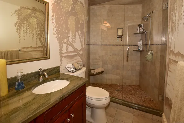 a bathroom with a granite countertop sink toilet and shower
