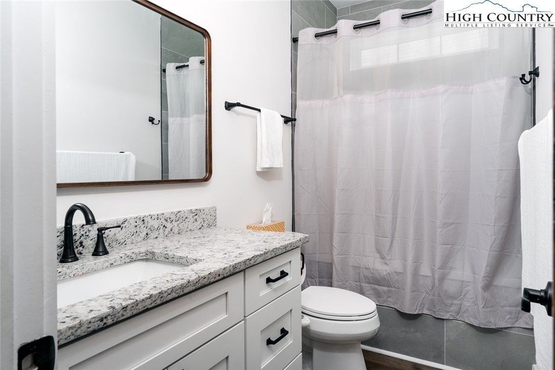 240 Ridgeline Drive, Unit D Sugar Mountain, NC 28604 - Photo 23 of 30 a bathroom with a granite countertop sink toilet and a mirror