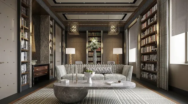 a living room with furniture and a glass table