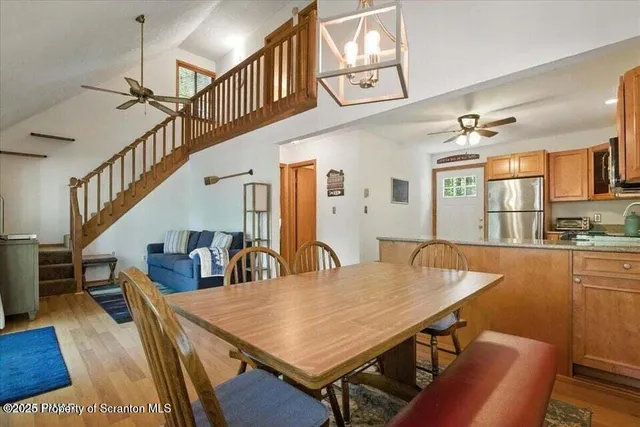 a view of a dining room with furniture