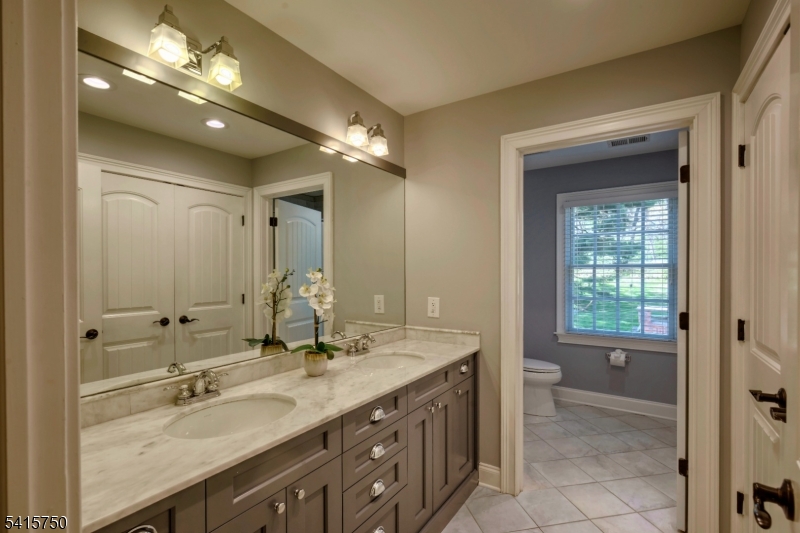 85 Mosle Road Peapack-Gladstone, NJ 07931 - Photo 37 of 49 a bathroom with a granite countertop sink a light fixture and a mirror