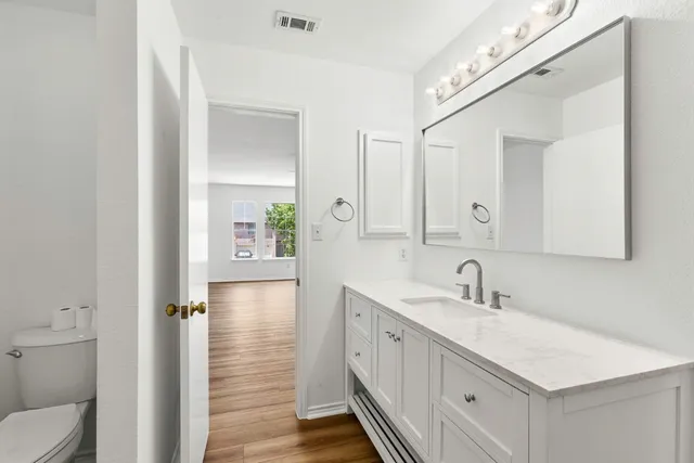 a bathroom with a sink a toilet and a mirror