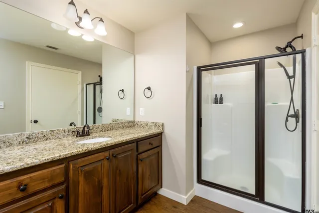 a bathroom with a granite countertop sink a mirror a vanity and shower
