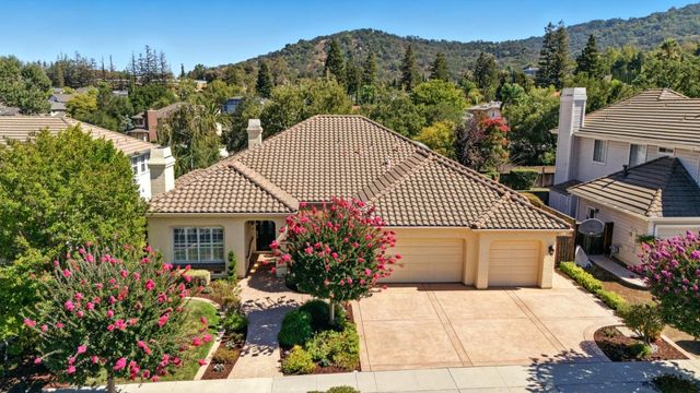 a front view of a house with a yard and potted plants