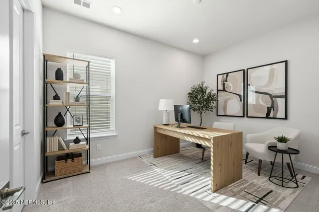 a living room with furniture a table and potted plants