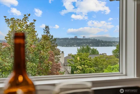 a view of a lake from a window