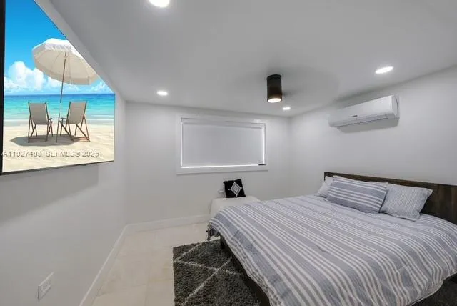 a bedroom with a bed and a mirror