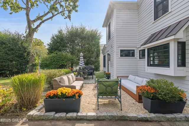 a view of a patio with couches and a potted plant