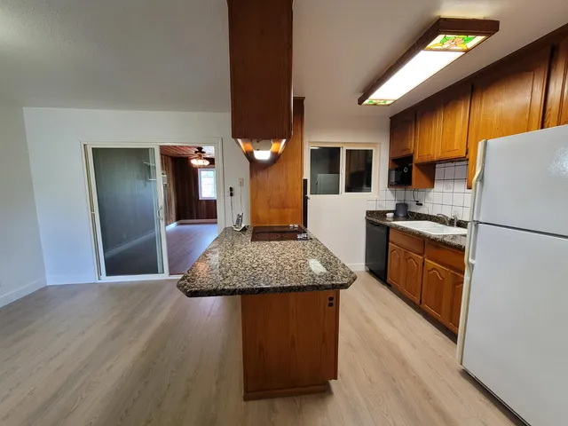 a kitchen with stainless steel appliances granite countertop a refrigerator a stove top oven a sink and dishwasher