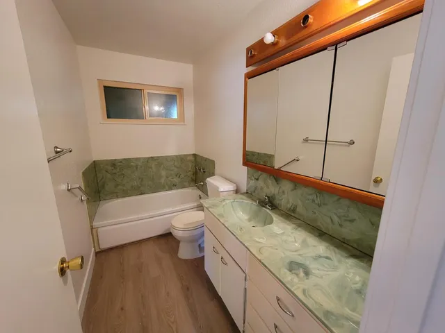 a bathroom with a granite countertop sink a toilet and bathtub