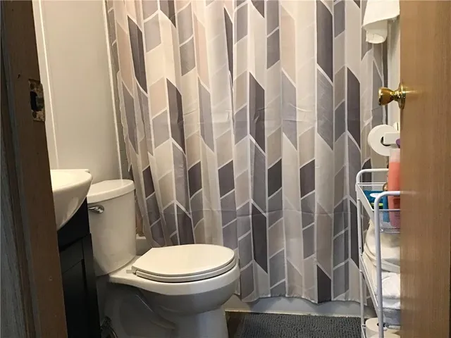 a white toilet sitting next to a shower curtain