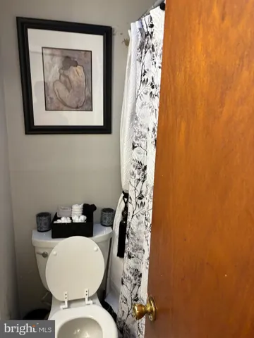 a white toilet sitting next to a shower curtain