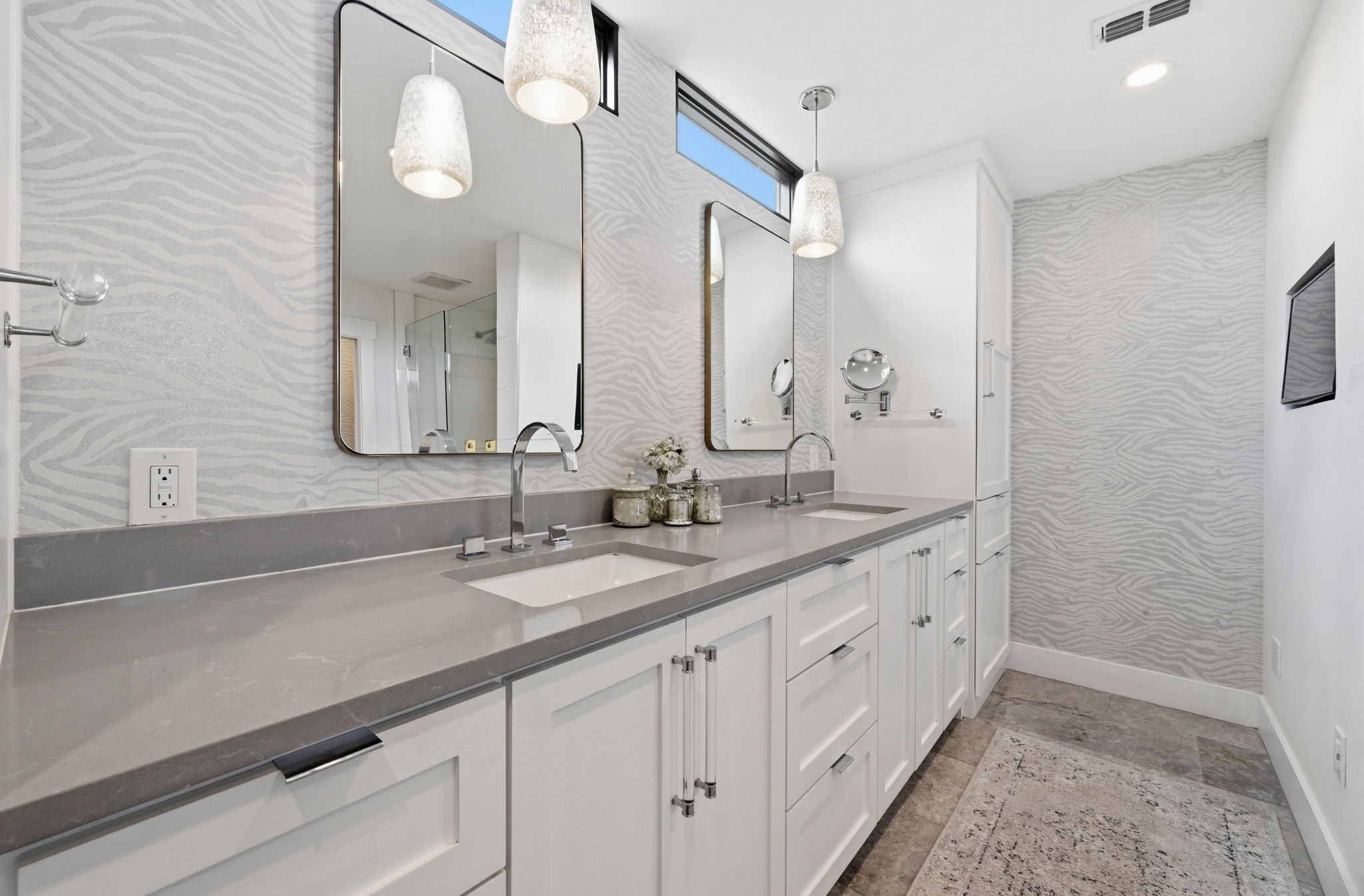 3 Timberline Ridge Austin, TX 78746 - Photo 12 of 21 Dual vanity featuring white shaker cabinetry, integrated sinks, and a gray countertop