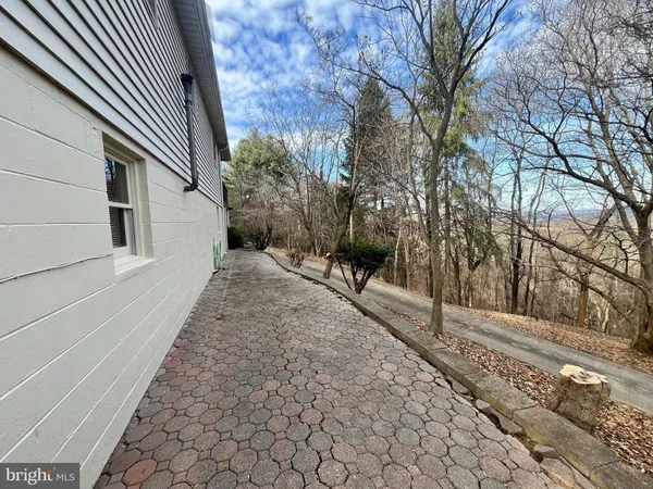 a view of a backyard with pathway