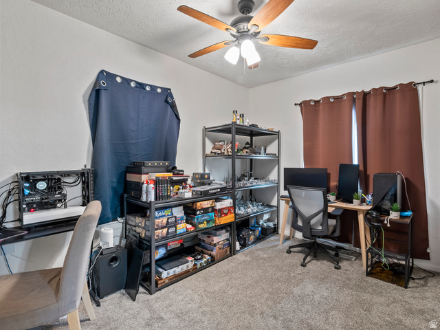 510 Canyon Road Ogden, UT 84404 - Photo 20 of 30 Home office with light carpet, a textured ceiling, and a ceiling fan