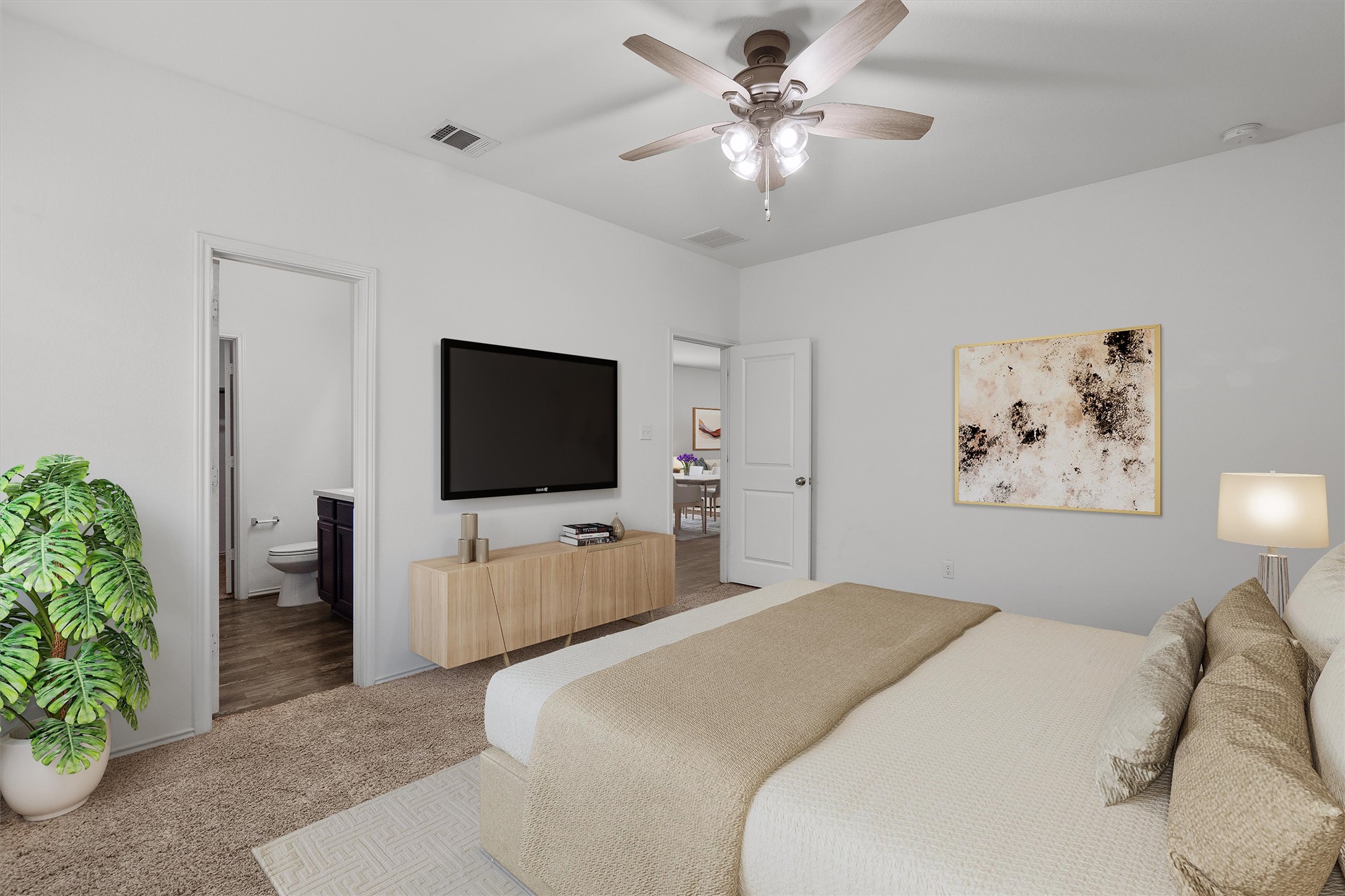 791 Circle Way Jarrell, TX 76537 - Photo 17 of 40 Comfortable bedroom with soft carpet flooring and an adjoining private bathroom.