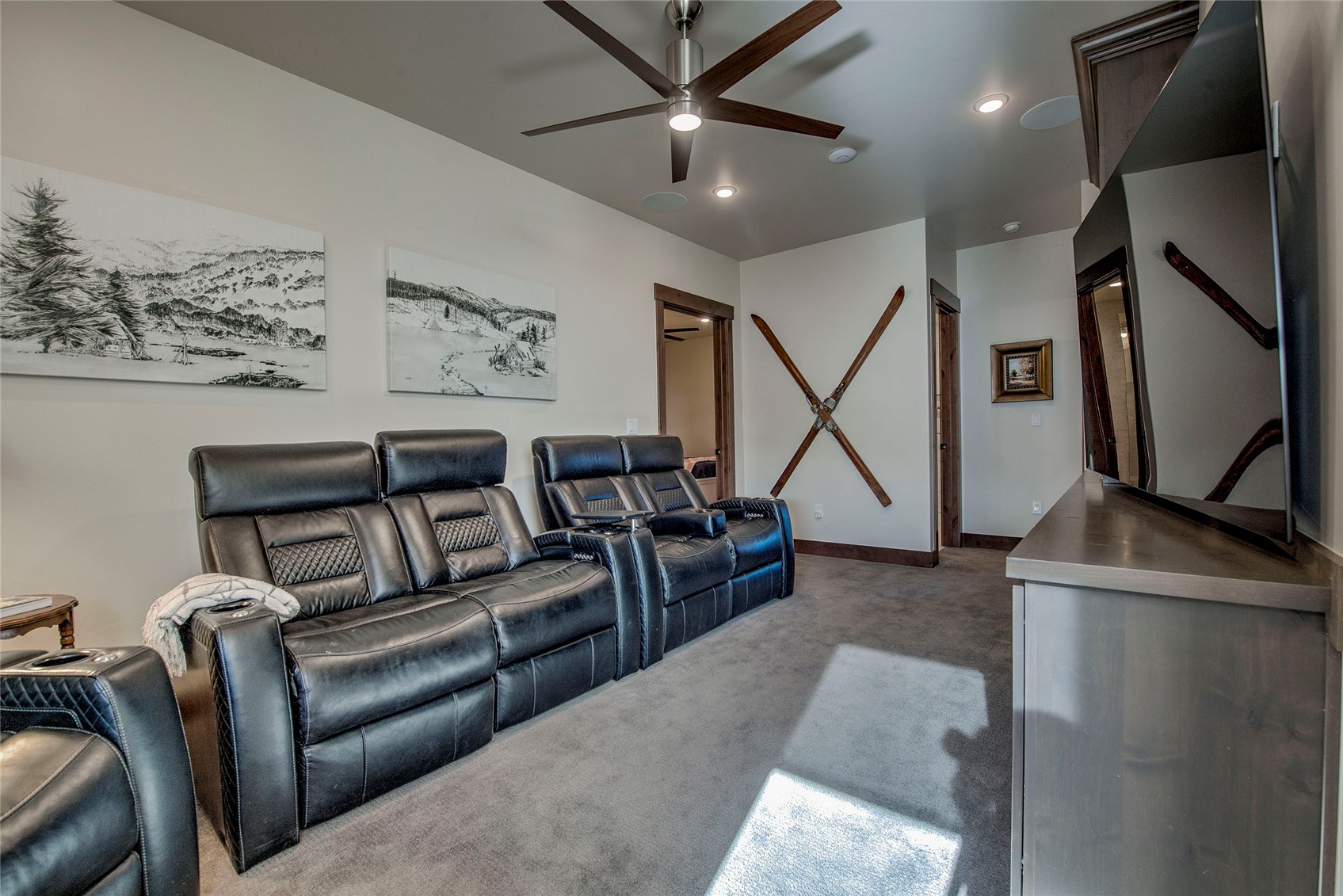307 Maryland Creek Road Silverthorne, CO 80498 - Photo 20 of 47 Carpeted home theater with ceiling fan and recessed lighting