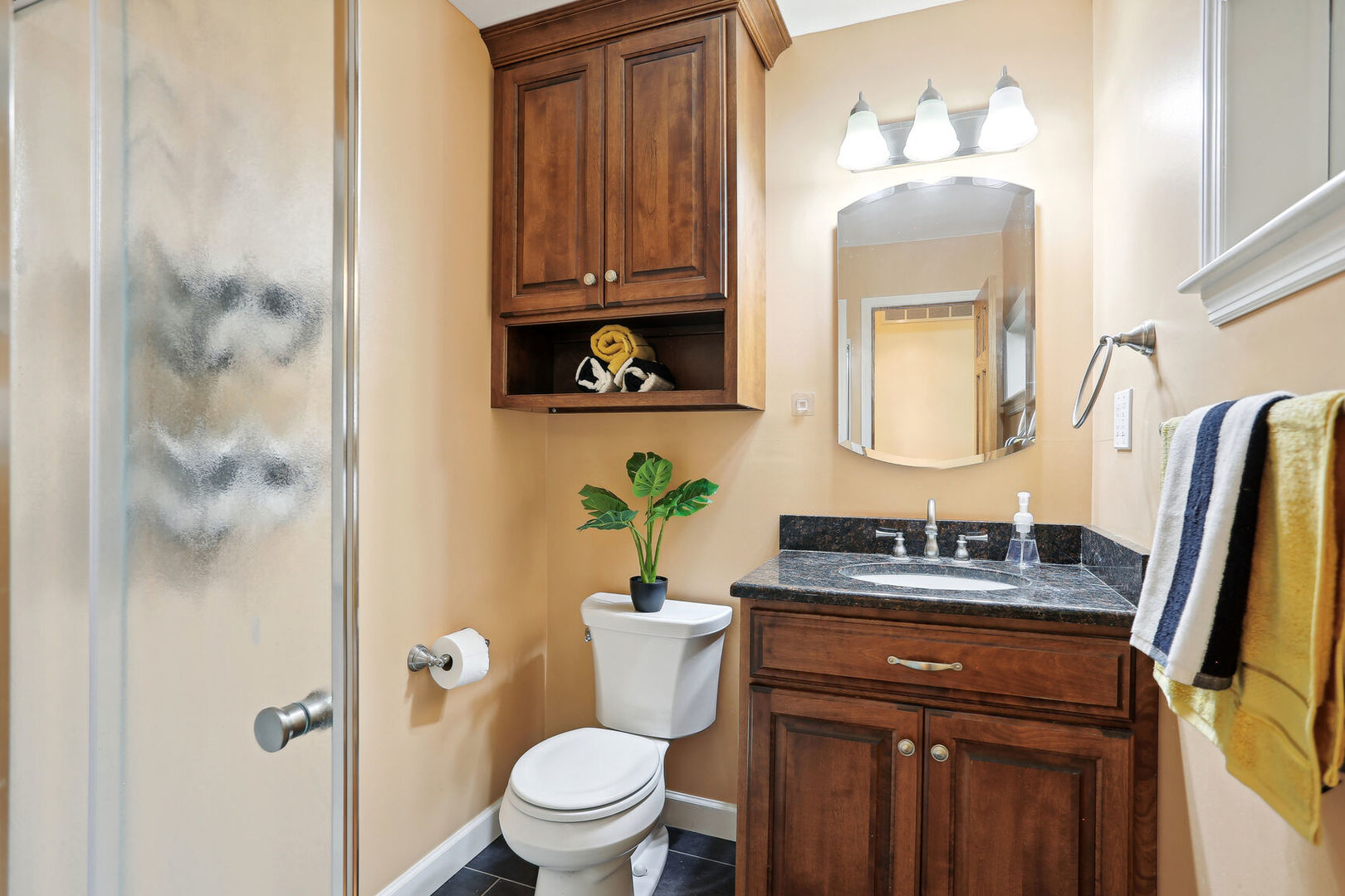1111 Theodore Drive Champaign, IL 61821 - Photo 25 of 34 a bathroom with a granite countertop sink a toilet and a mirror