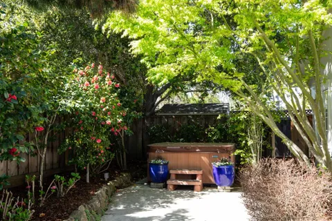 an outdoor space with furniture