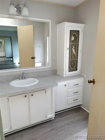 a bathroom with a sink and a mirror