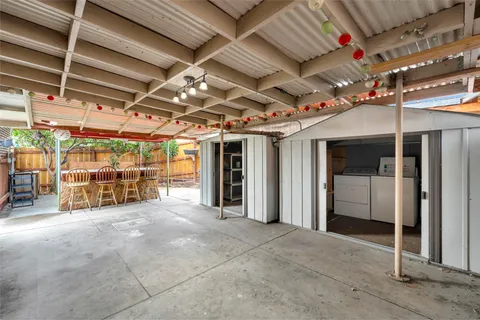 a view of a garage with storage