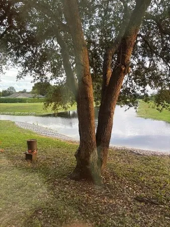 a view of a lake with a yard