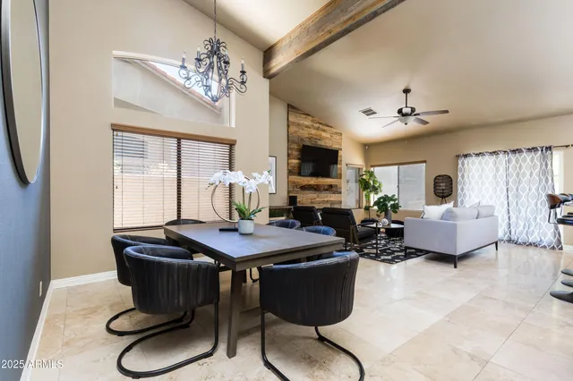 a view of a dining room with furniture