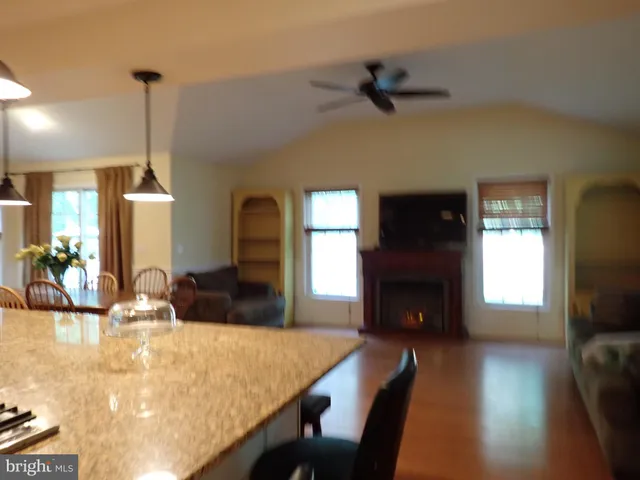 a living room with fireplace furniture and a wooden floor